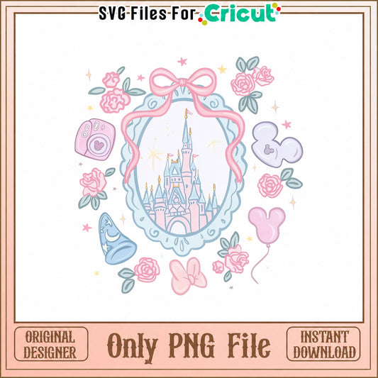 Disney Castle Floral Frame PNG, Mickey Mouse Balloons, Princess PNG