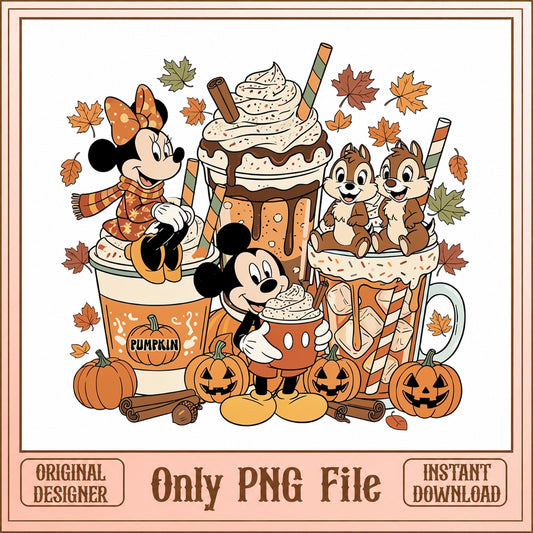 Disney Fall Pumpkin Spice SVG, Mickey Minnie Chip Dale, Halloween PNG