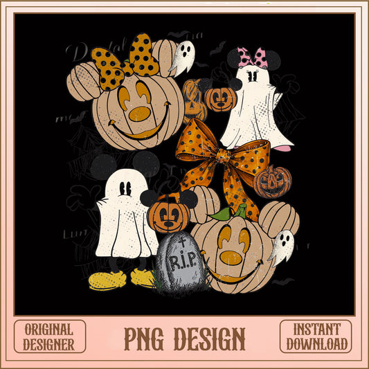 Disney Halloween PNG, Mickey Minnie Ghost Pumpkin, Retro Spooky PNG