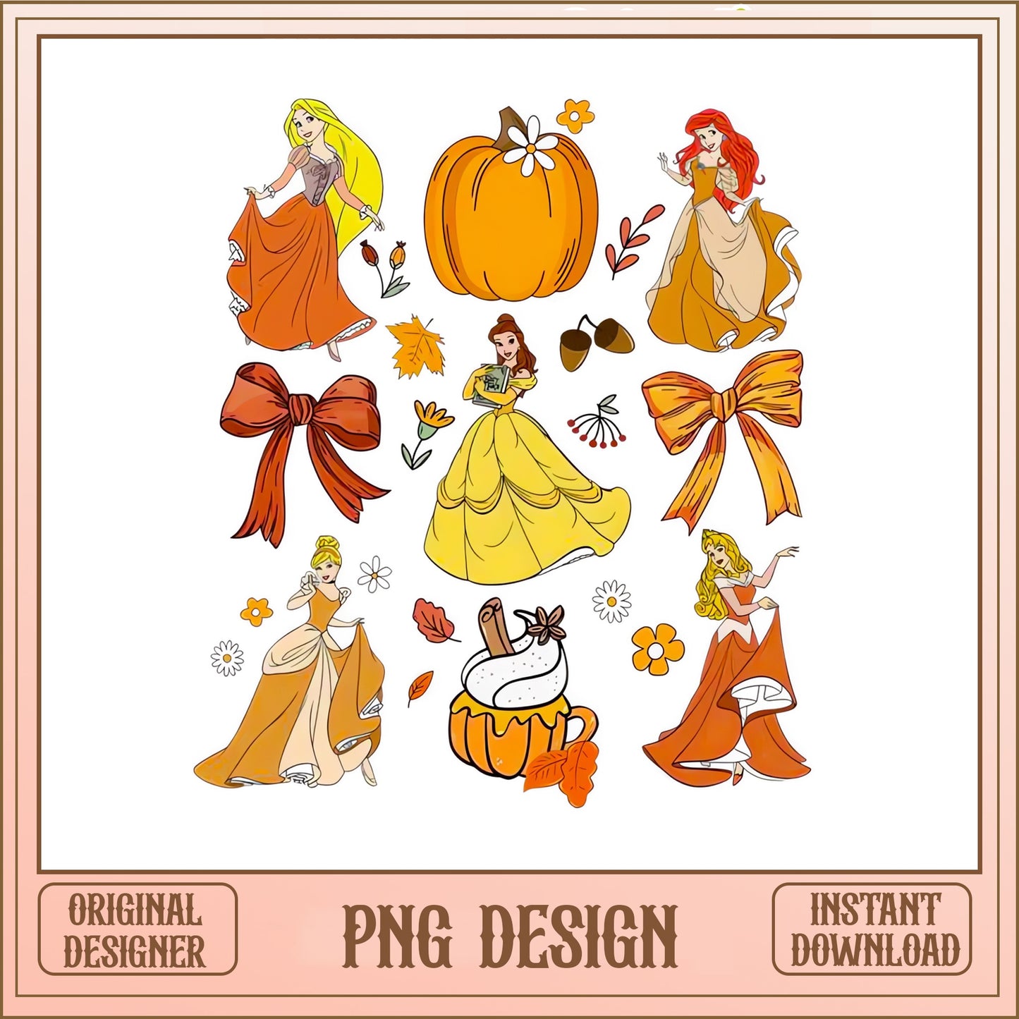 Disney Princess Fall PNG Bundle, Autumn Pumpkin Princess PNG, Halloween PNG