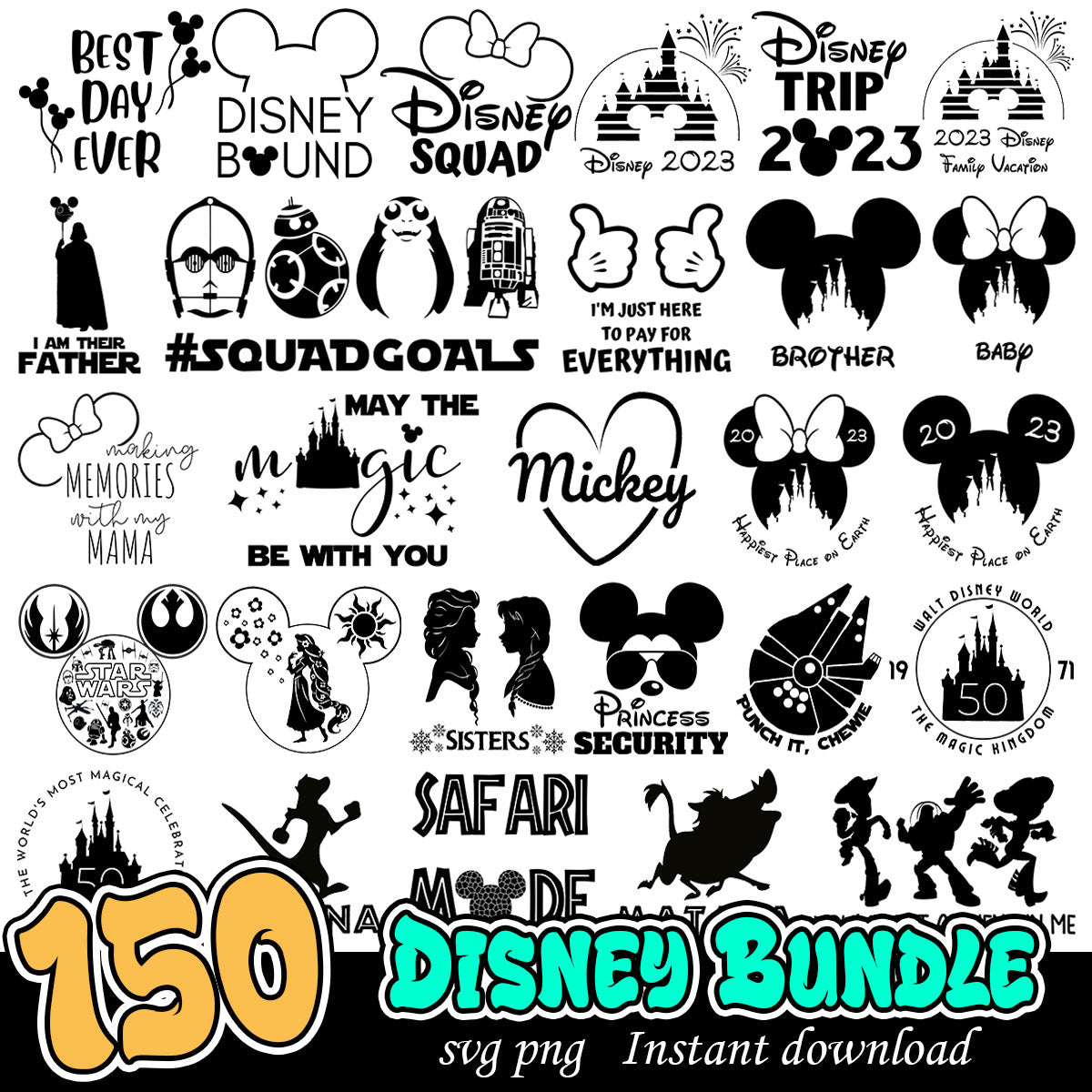 Disney cartoon art bundle svg, Disney black and white art bundle