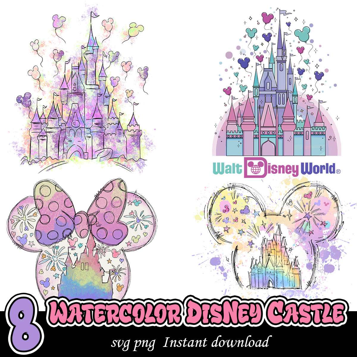 Disney castle magic world bundle, Watercolor Disney castle bundle