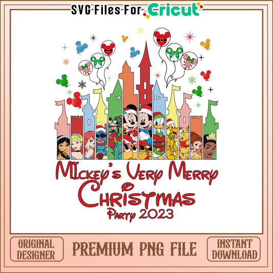 Disney christmas characters castle png, mickey very merry christmas party png