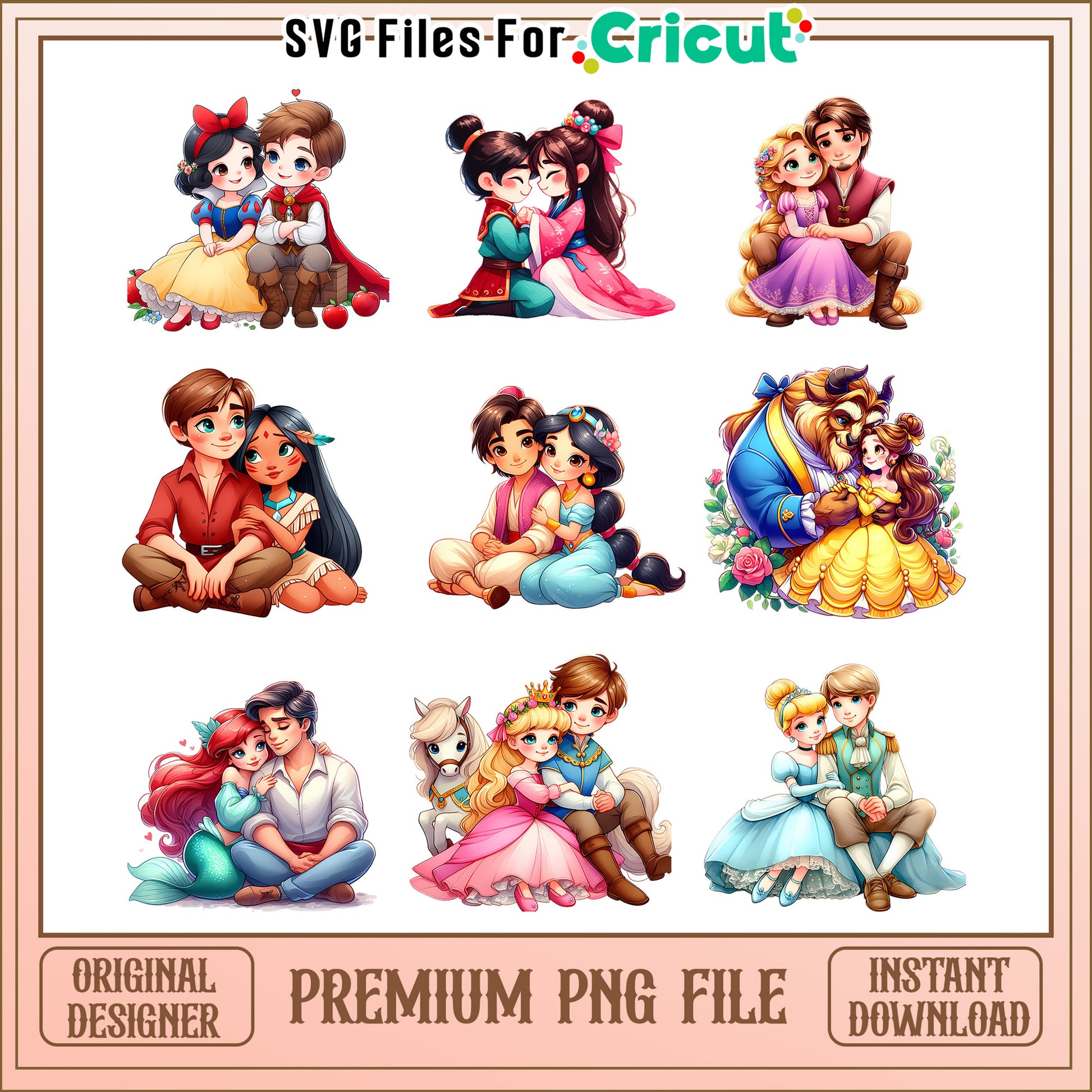 Disney princess chibi couple valentine bundle png, disney princess valentinnes png