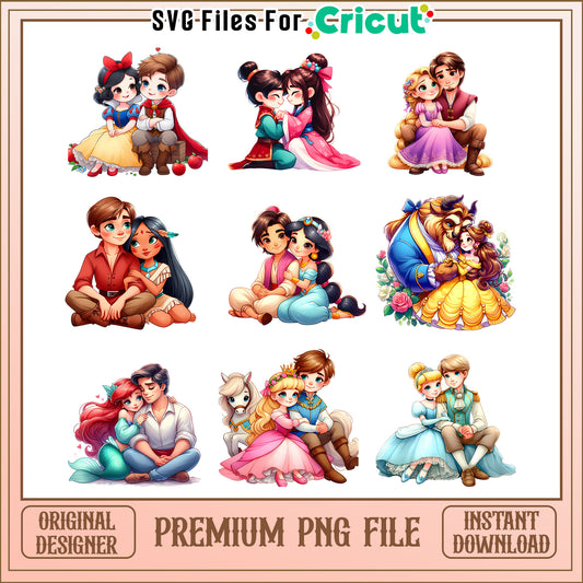 Disney princess chibi couple valentine bundle png, disney princess valentinnes png