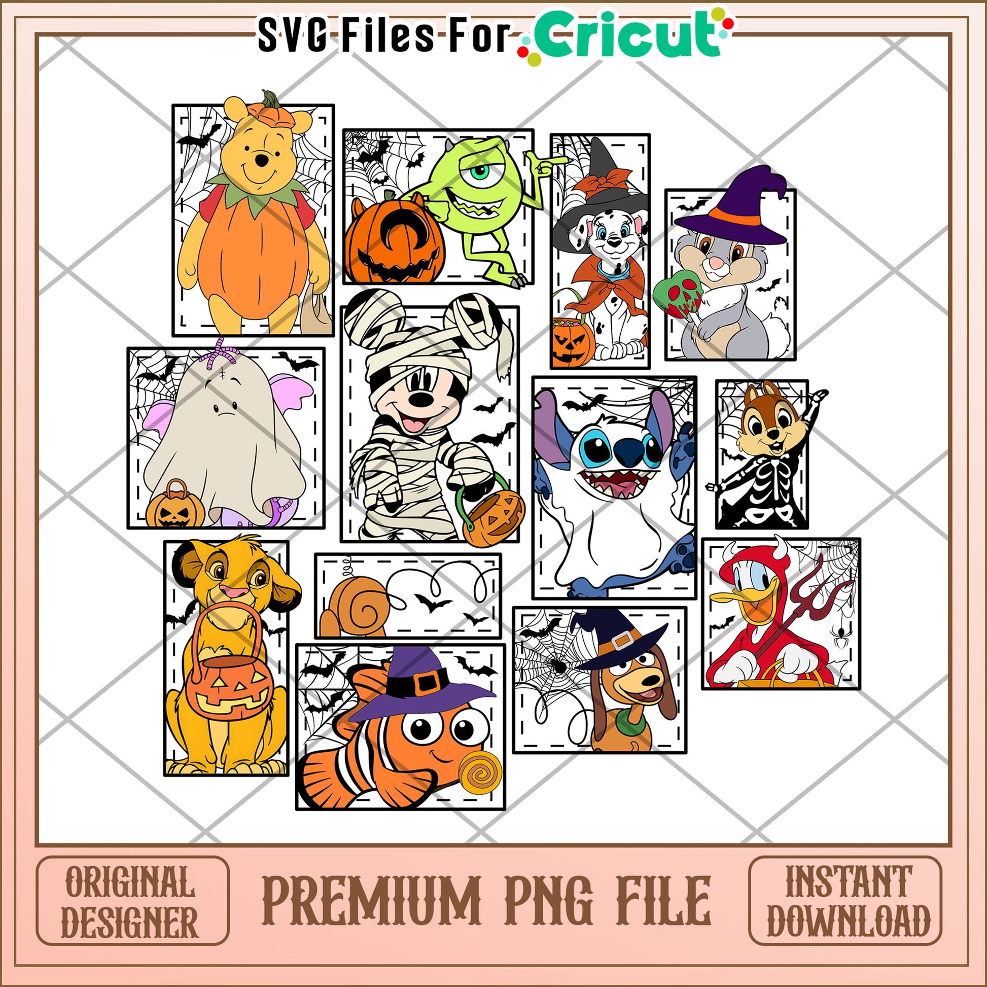 Disney characters halloween png, halloween cartoon png, trick or treat png