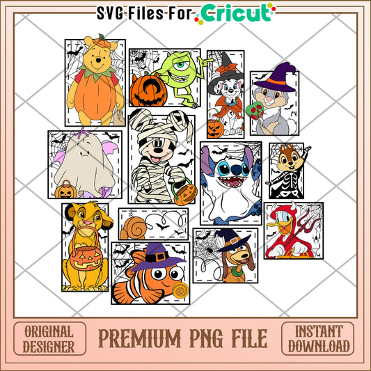 Disney characters halloween png, halloween cartoon png, trick or treat png