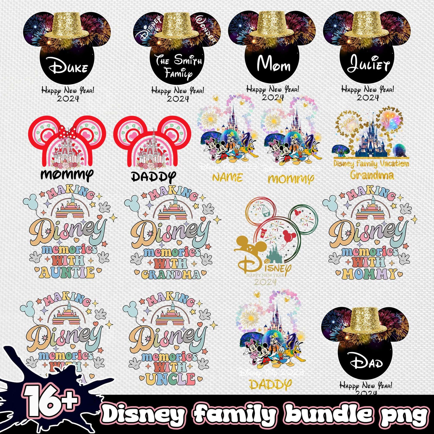 Happy new year 2024 design bundle png, mickey mouse head​ png