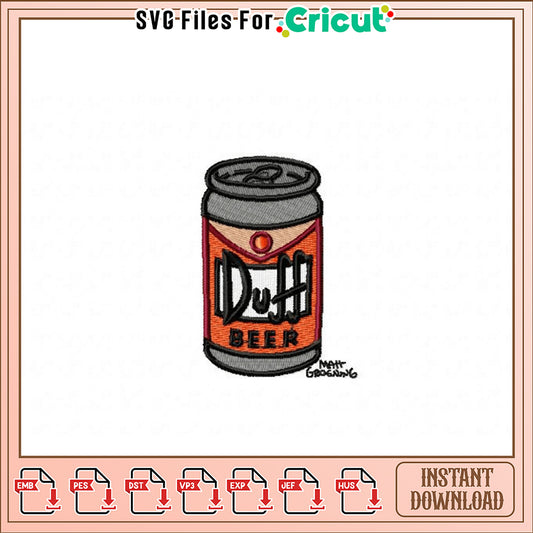 Duff Beer Can Embroidery Design Instant Download
