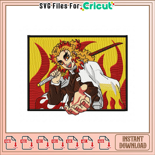 Dynamic Embroidery Design of Fiery Character Artwork