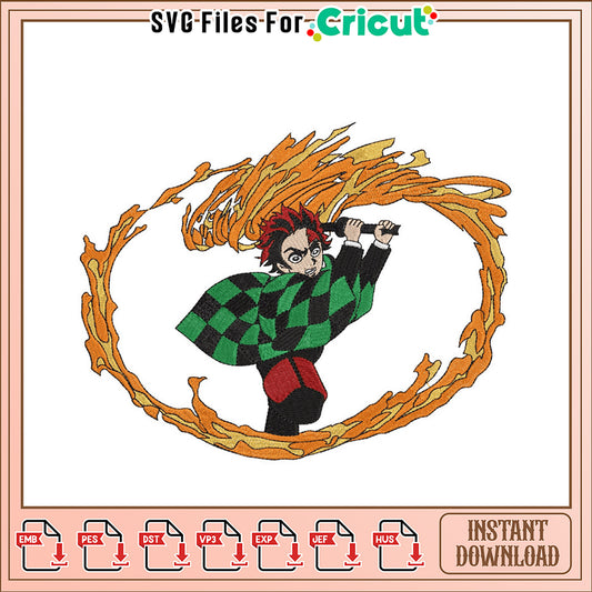 Dynamic Embroidery Design of Fiery Warrior Character