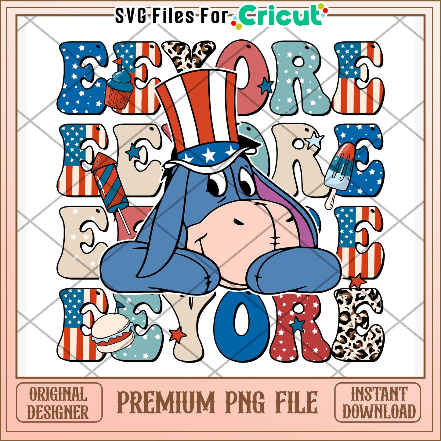 Eeyore american design png, cute cartoon png, red white and blue png