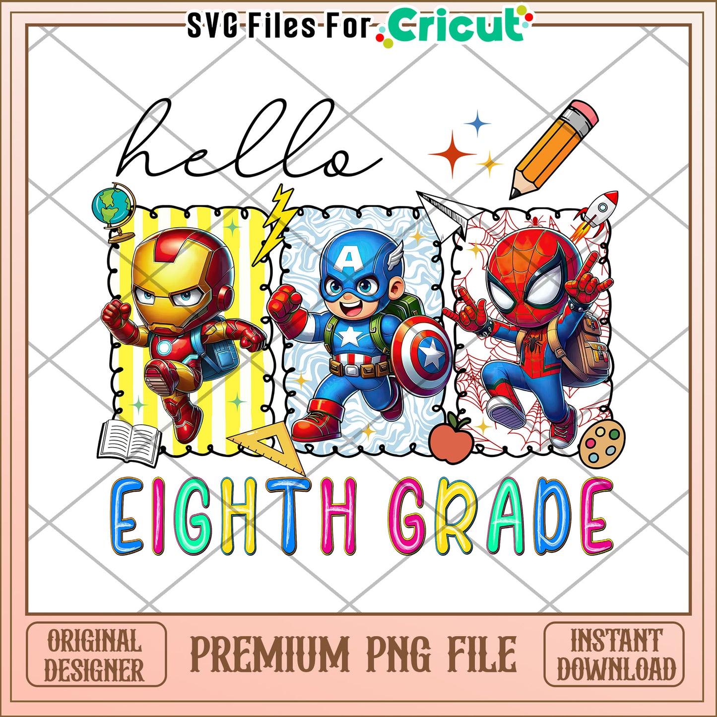 Eight grade hello png, back to school png, avengers school png