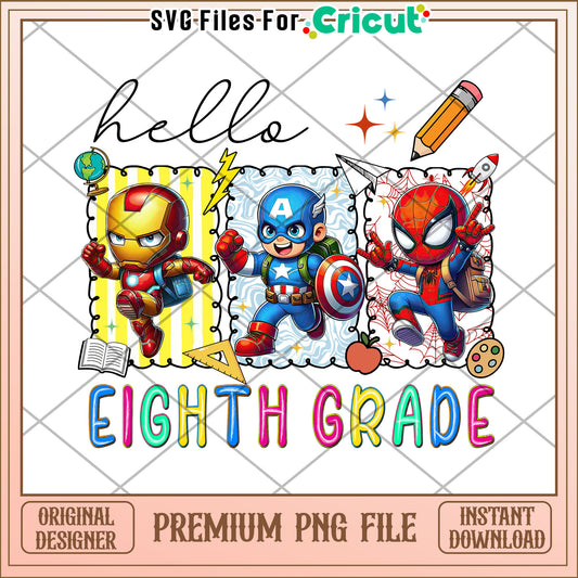 Eight grade hello png, back to school png, avengers school png