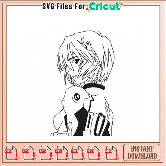 Elegant Anime Girl Embroidery Design Instant Download