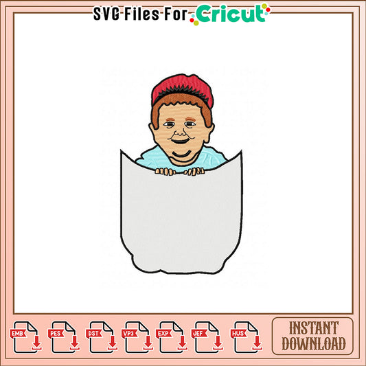 Embroidery Design Boy Peeking from Pocket