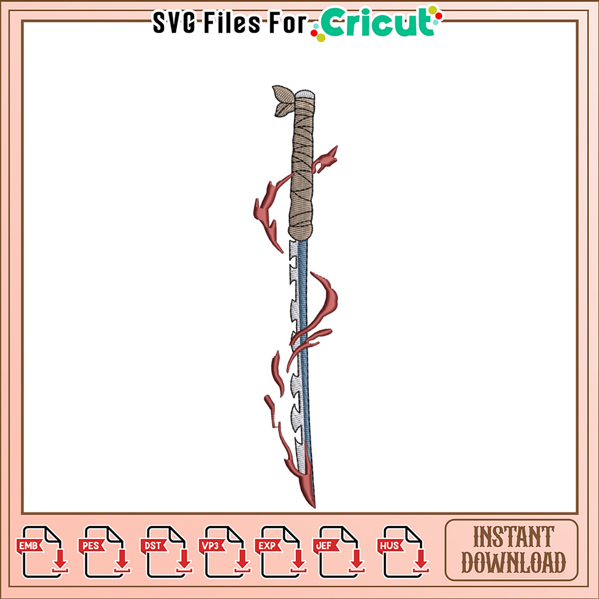 Embroidery Design Fiery Katana Sword Instant Download