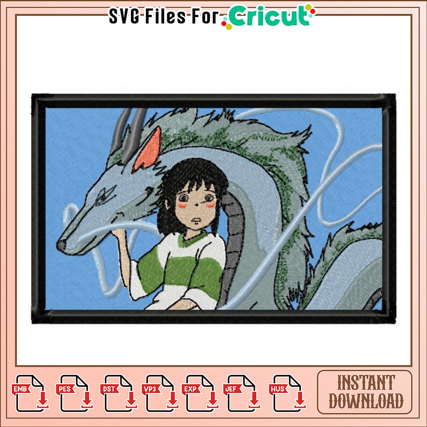Embroidery Design of Girl with Dragon Fantasy Art