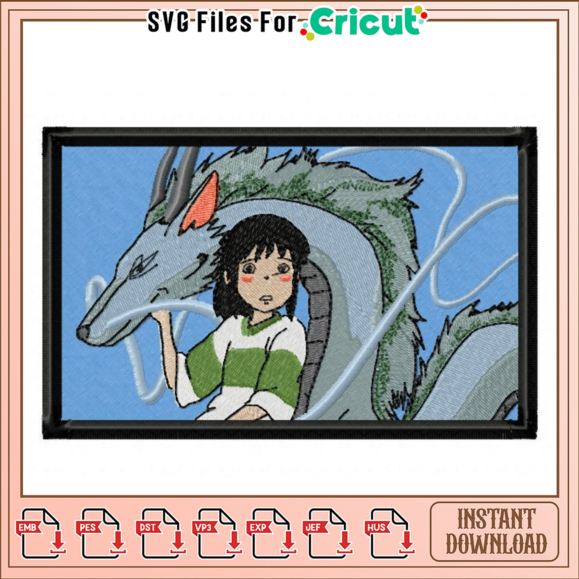 Embroidery Design of Girl with Dragon Fantasy Art