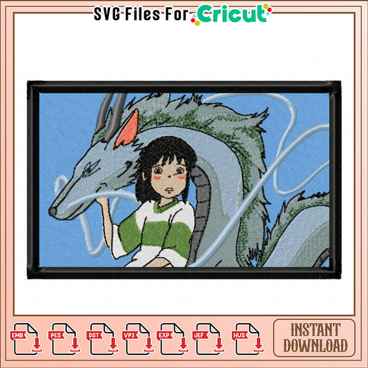 Embroidery Design of Girl with Dragon Fantasy Art