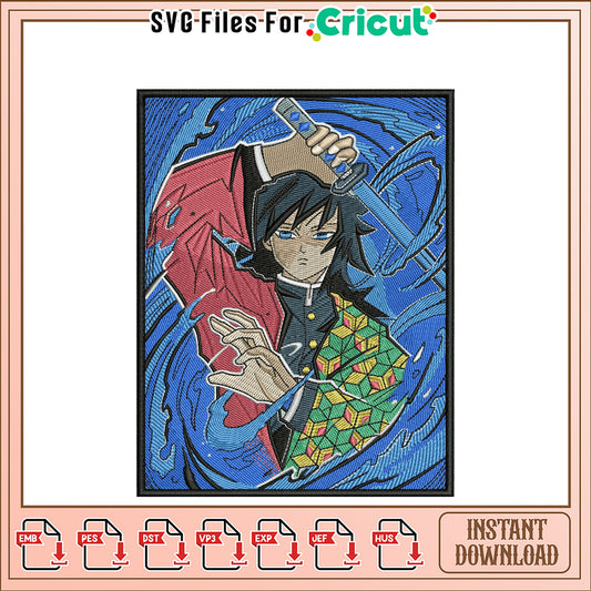 Embroidery Design of Hero with Sword in Water Theme