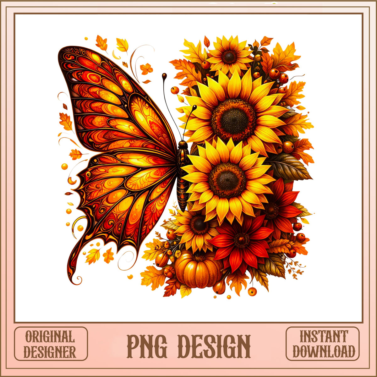 Fall Butterfly Sunflower PNG, Autumn Floral Clipart, Pumpkin PNG