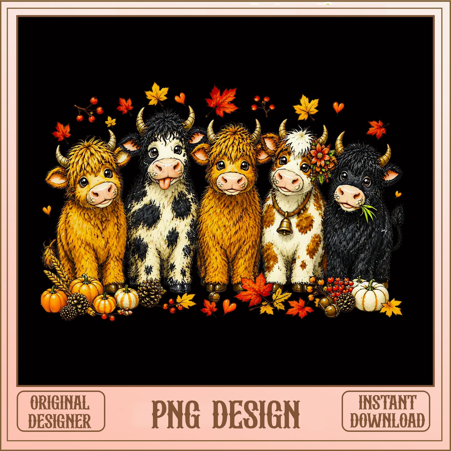 Fall Highland Cow PNG, Cute Baby Cow Autumn, Thanksgiving PNG