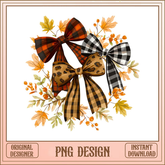 Fall Plaid Bow Bundle PNG, Leopard Buffalo Check Bow, Autumn PNG