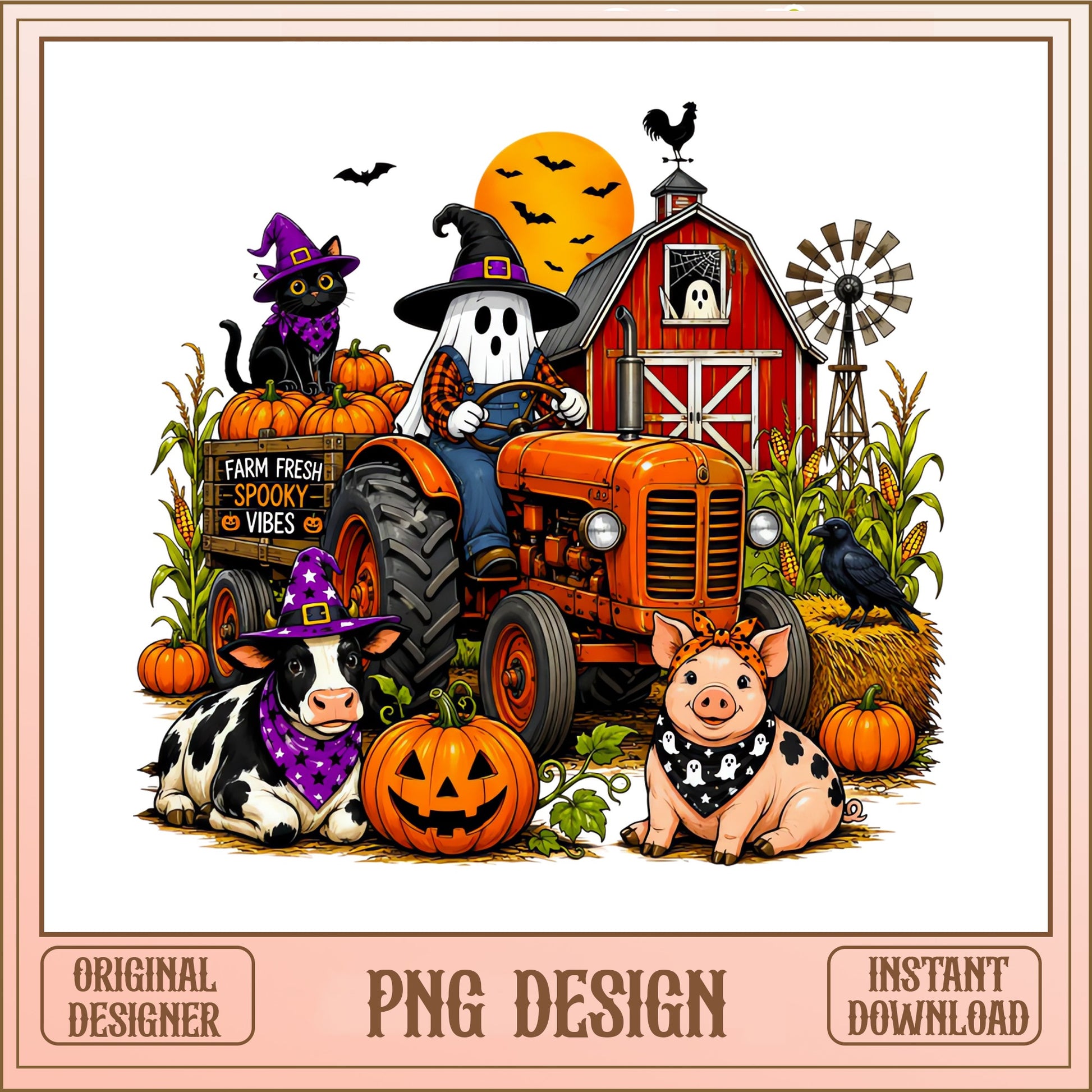 Farm Fresh Spooky Vibes Halloween PNG, Farm Animals PNG, Ghost Tractor PNG