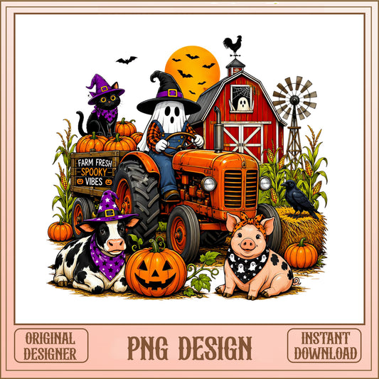 Farm Fresh Spooky Vibes Halloween PNG, Farm Animals PNG, Ghost Tractor PNG