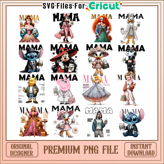 Disney characters mama bundle png, mother's day disney​ png