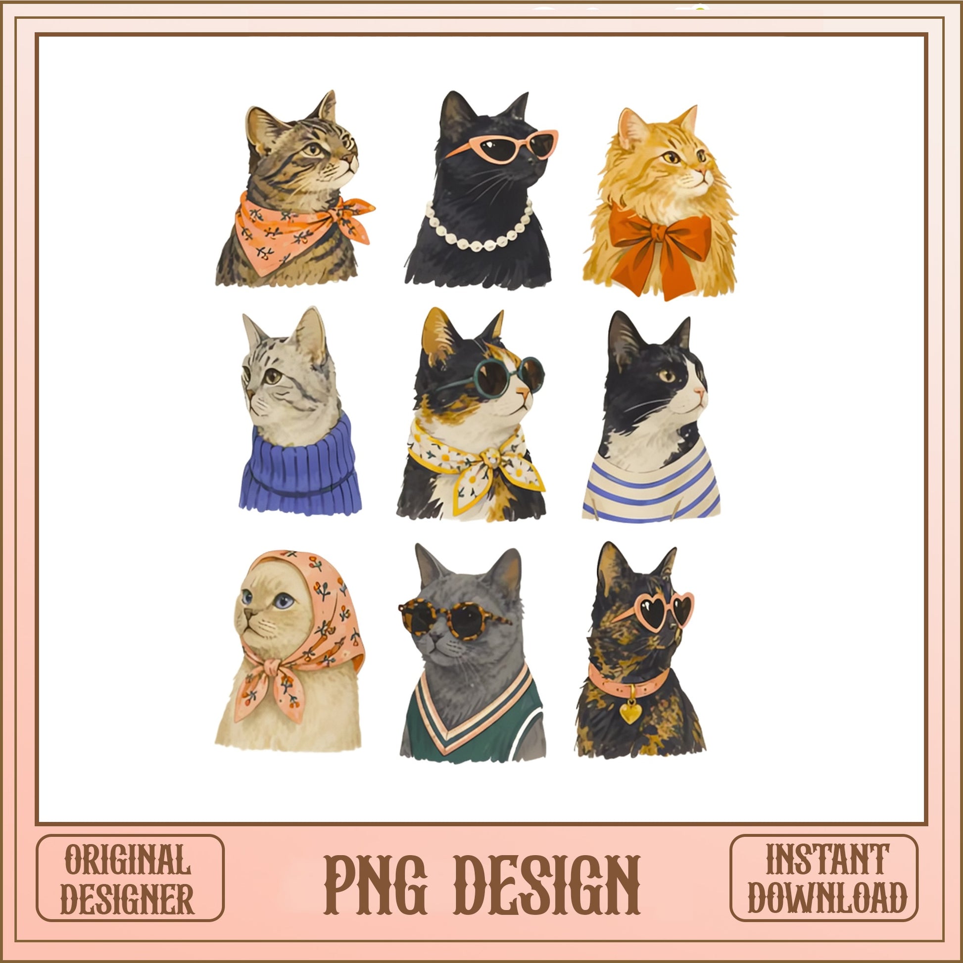 Fashionable Cats PNG Bundle, Trendy Cat Clipart, Cat Lover PNG