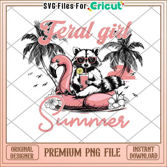 Feral Girl Summer Raccoon on Flamingo Float PNG