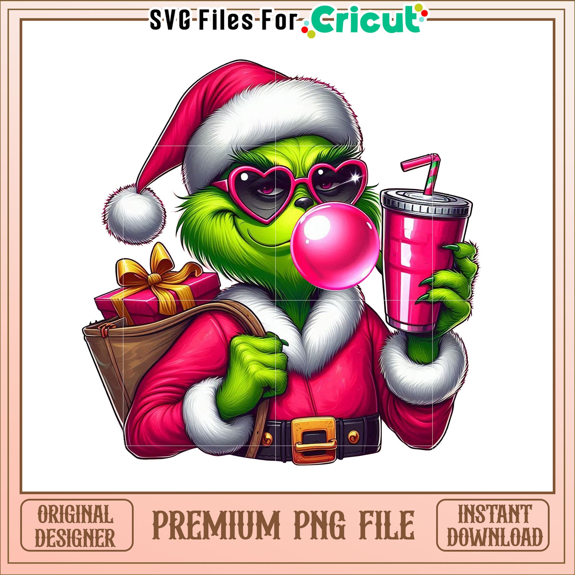 Festive Grinch Character with Drink and Gift PNG Art Download