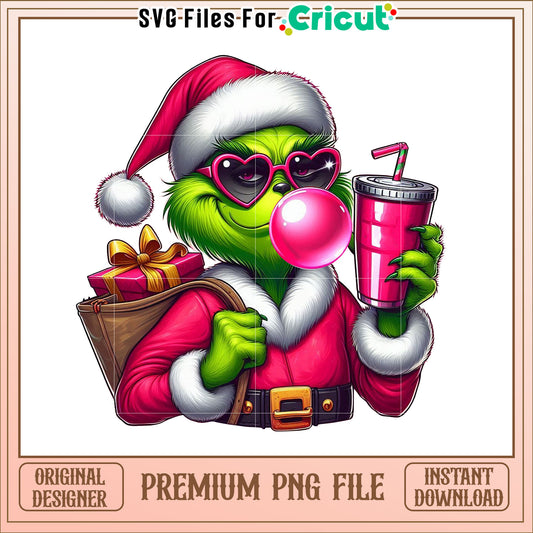 Festive Grinch Character with Drink and Gift PNG Art Download