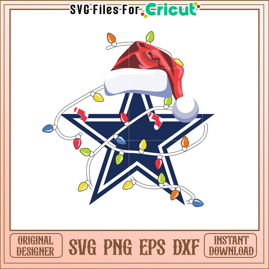 Festive Star SVG Design with Santa Hat and Lights