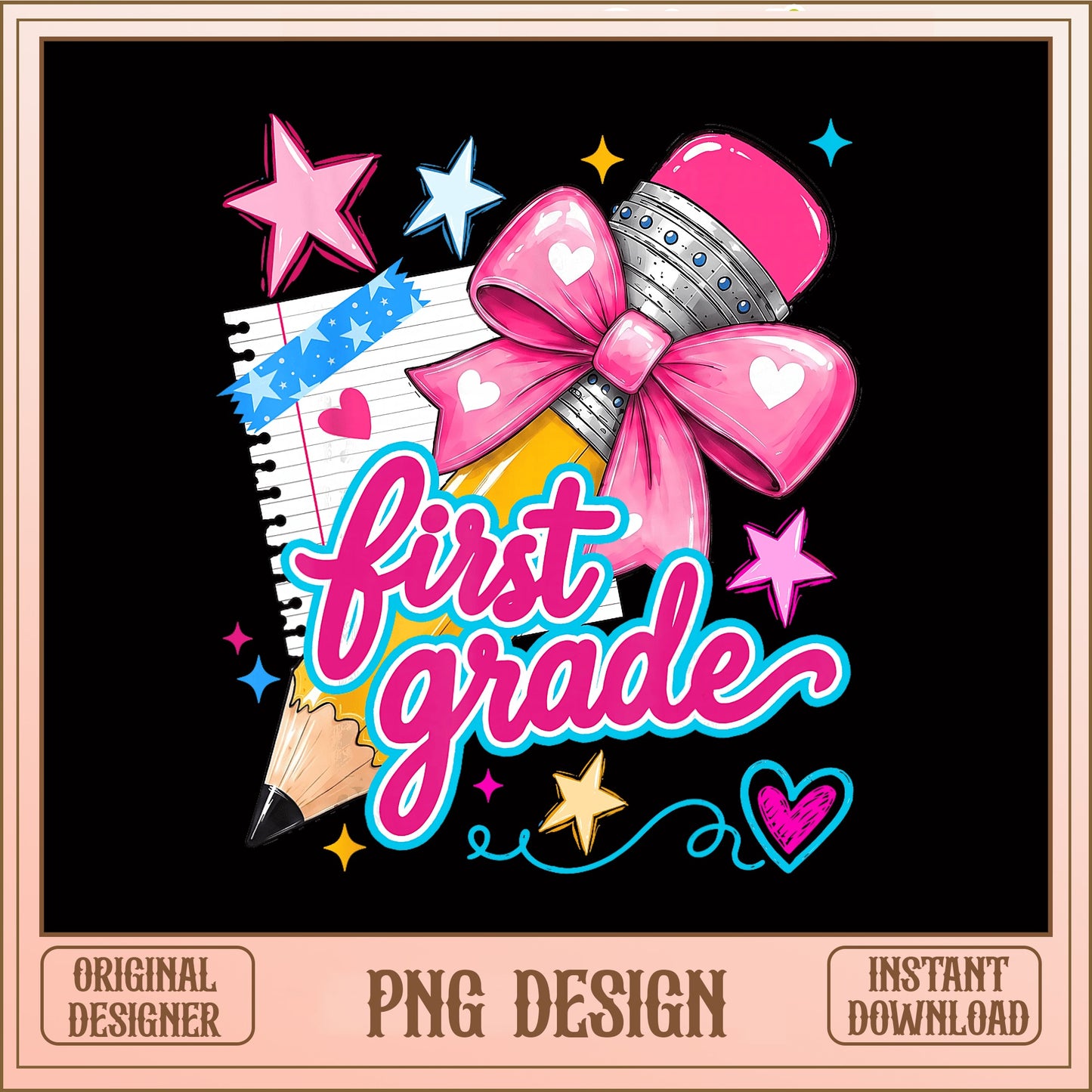 First Grade PNG, Back To School Coquette Bow Pencil PNG, Girl PNG