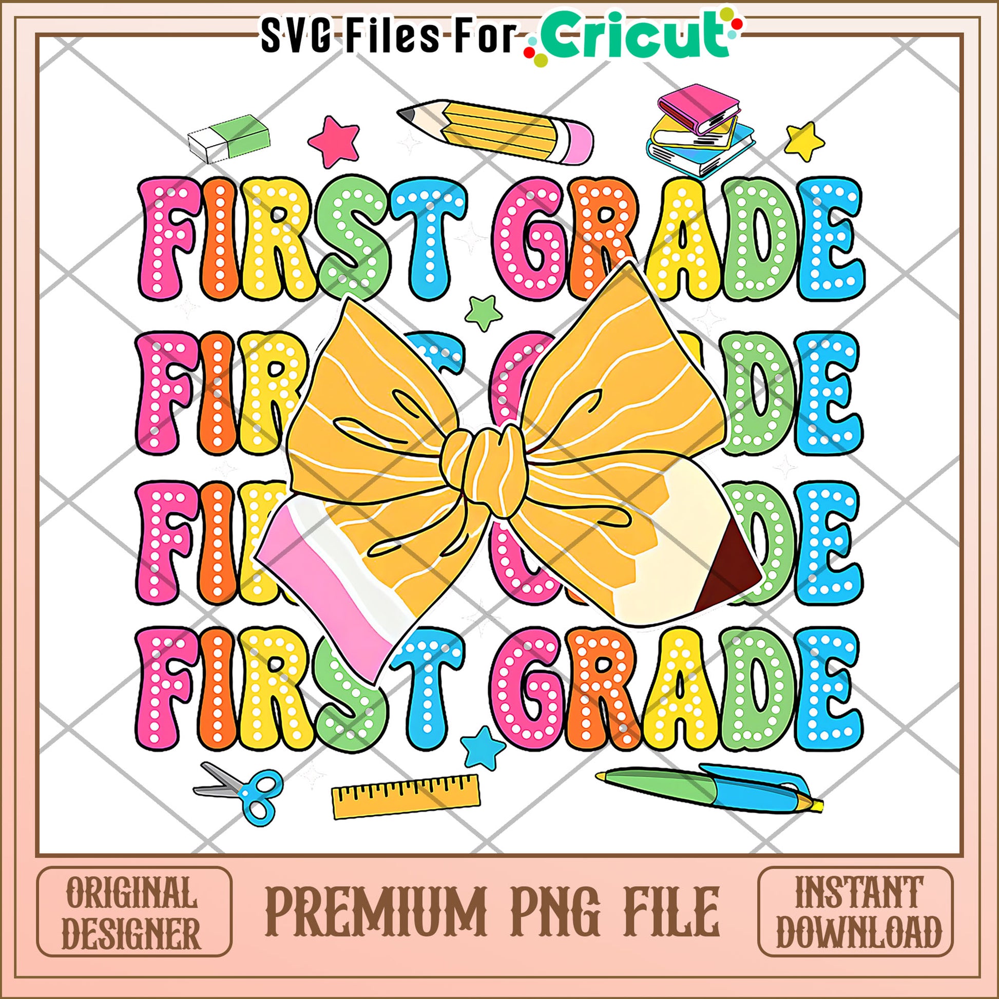 First grade bowtie design png, back to school supplies​ png, cartoon design png