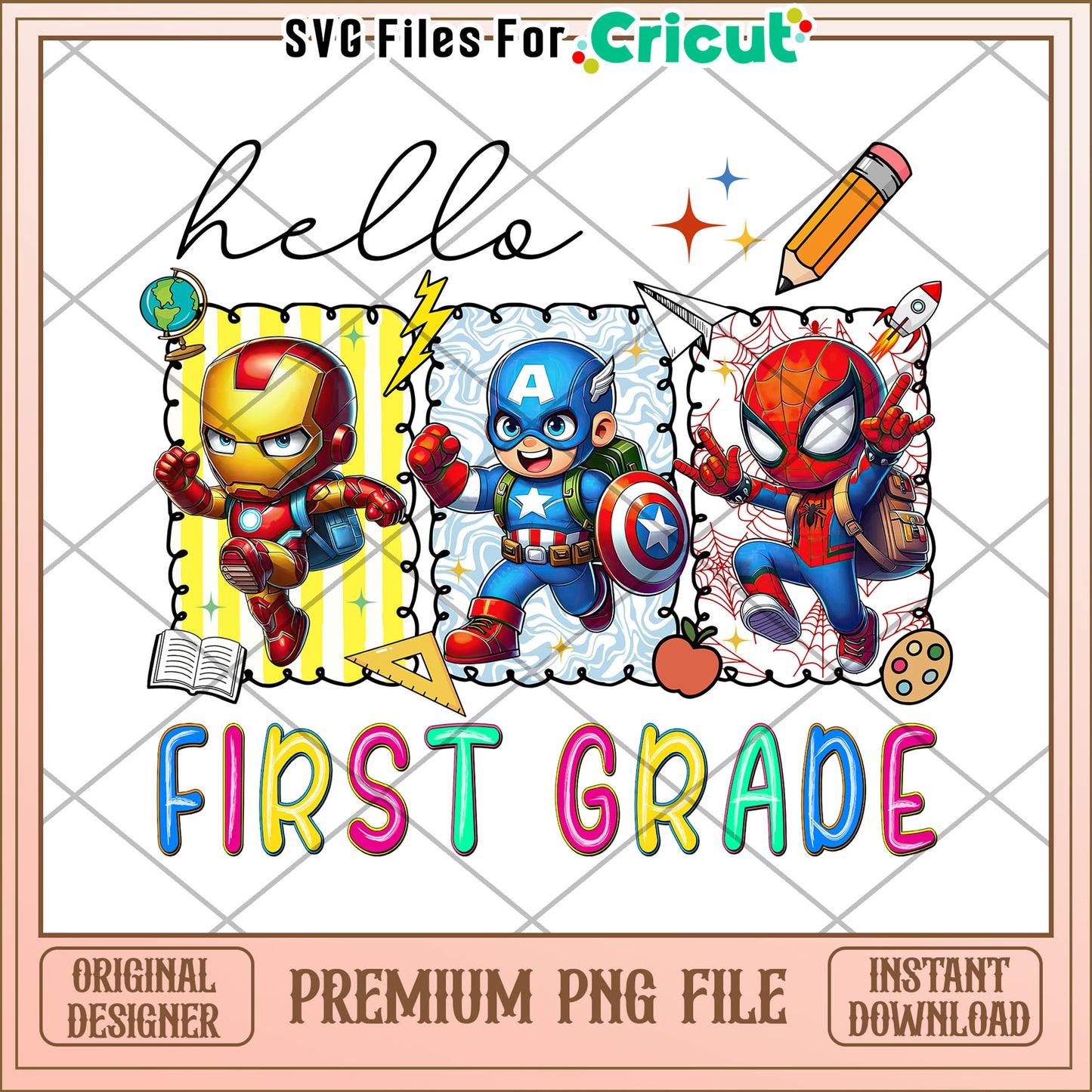 First grade hello png, back to school png, avengers school png