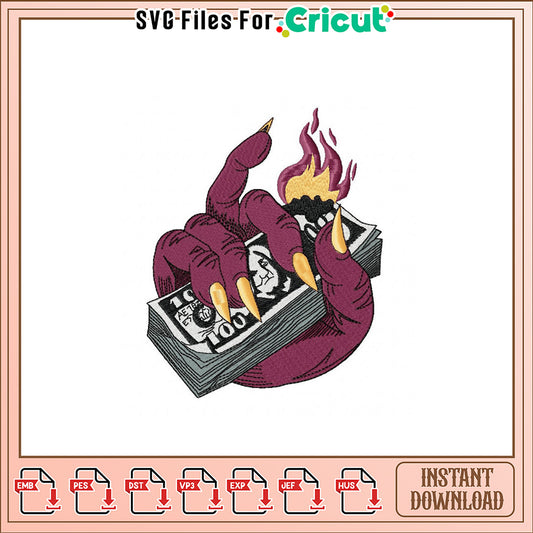 Flaming Money Hand Embroidery Design