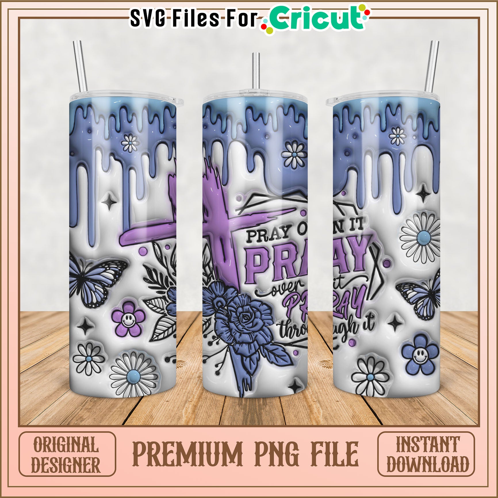 Floral Cross Tumbler PNG Design