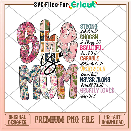 Floral Mom Design PNG Strong, Chosen, Beautiful