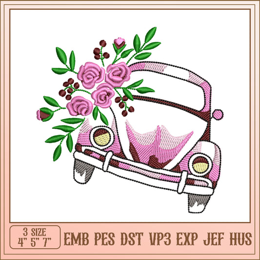 Floral VW Bug Embroidery Design