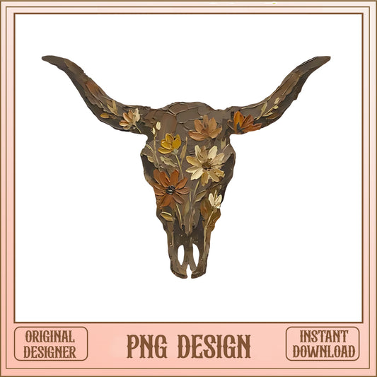 Floral Bull Skull PNG, Boho Longhorn PNG, Western Cow Skull PNG