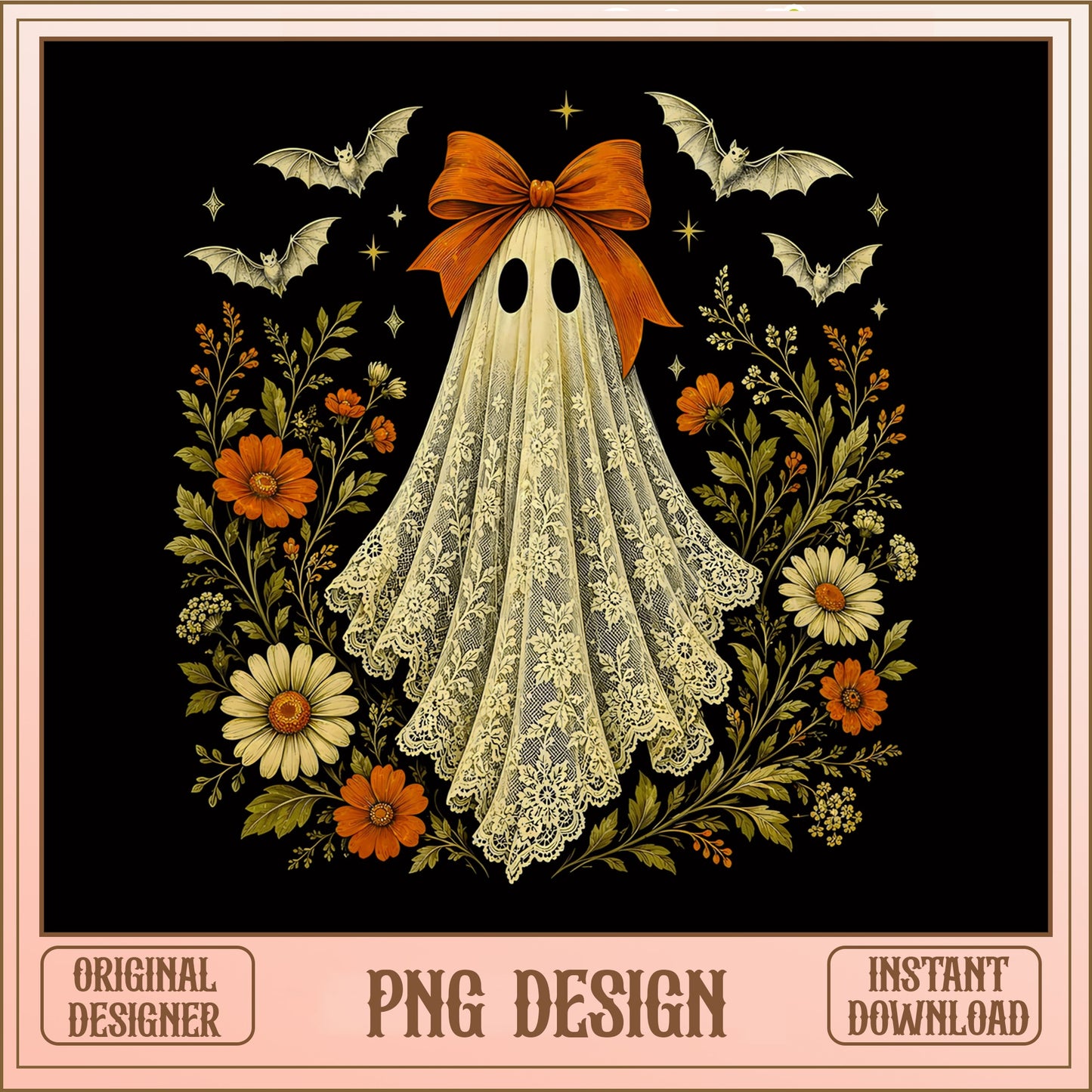 Floral Ghost With Bow Halloween PNG, Vintage Ghost PNG, Spooky PNG