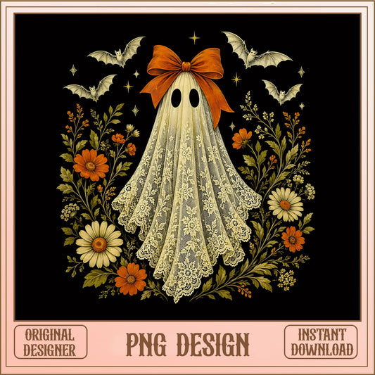Floral Ghost With Bow Halloween PNG, Vintage Ghost PNG, Spooky PNG
