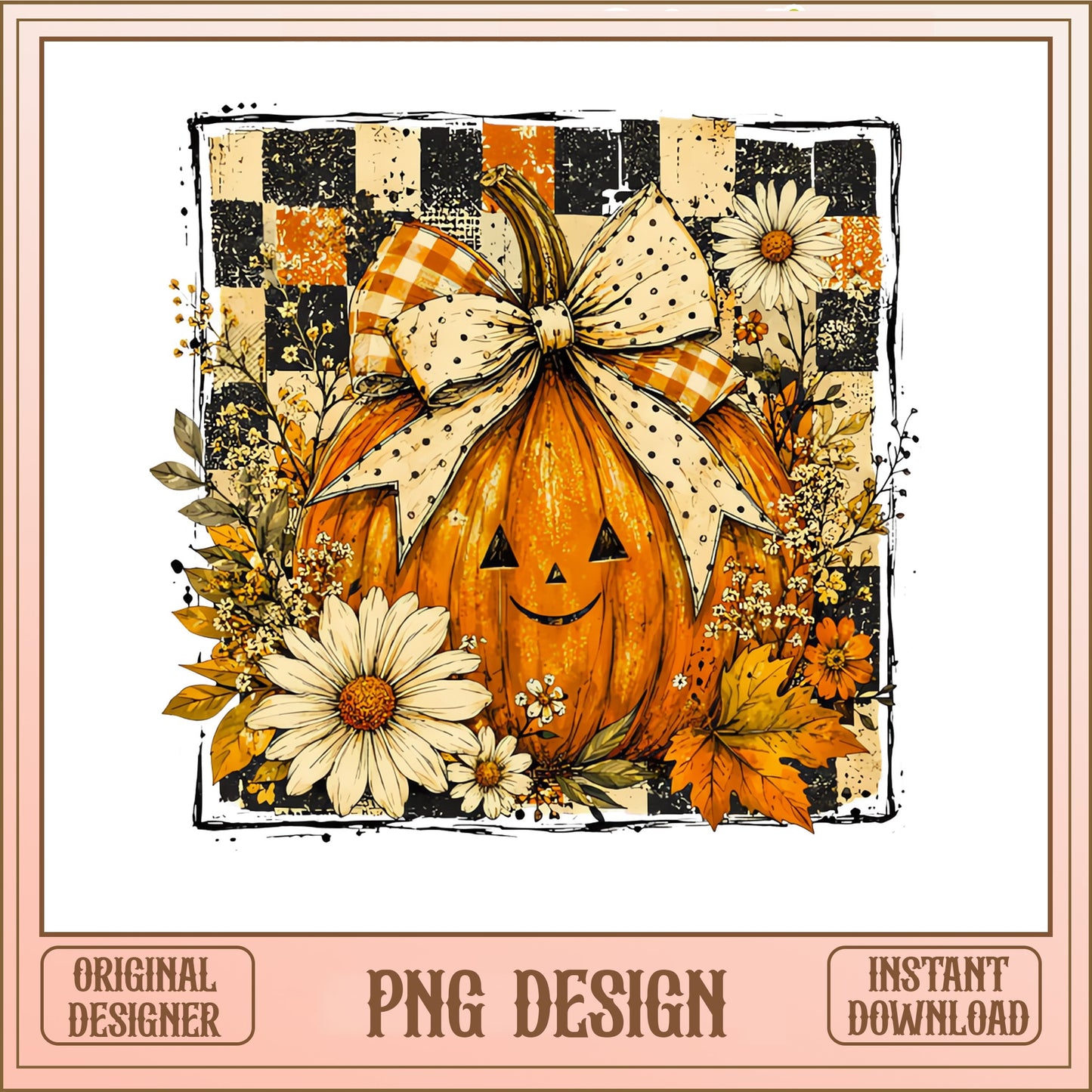 Floral Halloween Pumpkin PNG, Jack O Lantern Bow PNG, Fall PNG