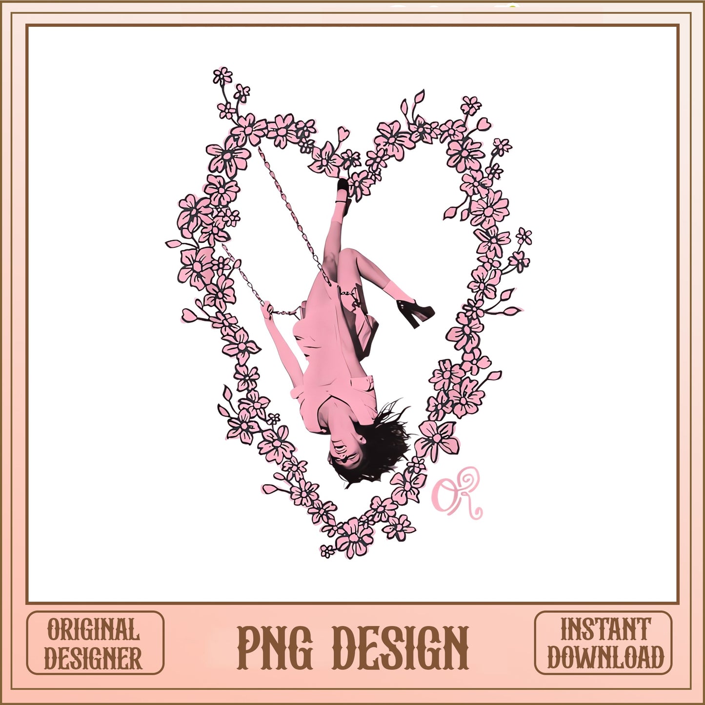 Floral Heart Swing Woman PNG, Pink Aesthetic PNG, Valentine PNG