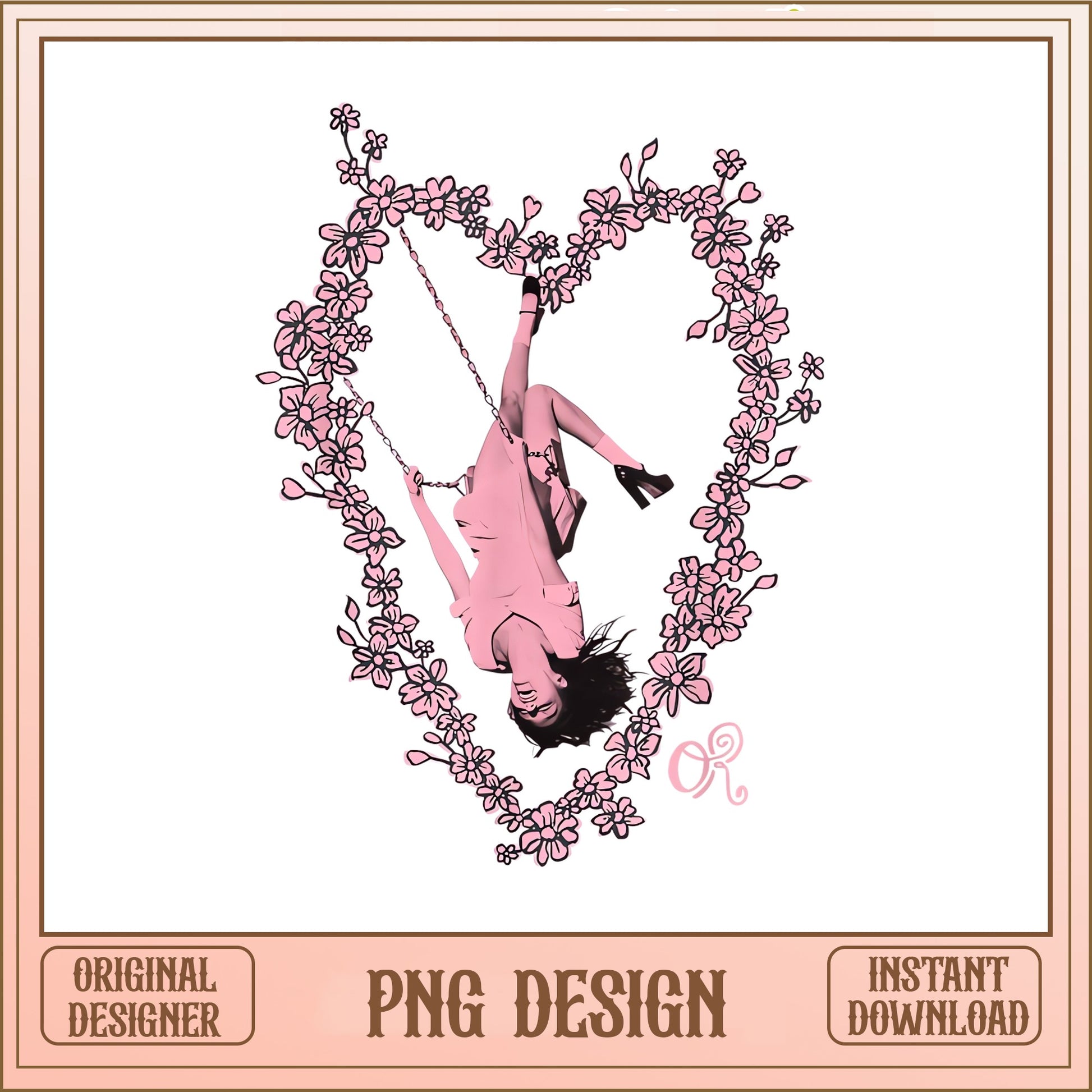 Floral Heart Swing Woman PNG, Pink Aesthetic PNG, Valentine PNG