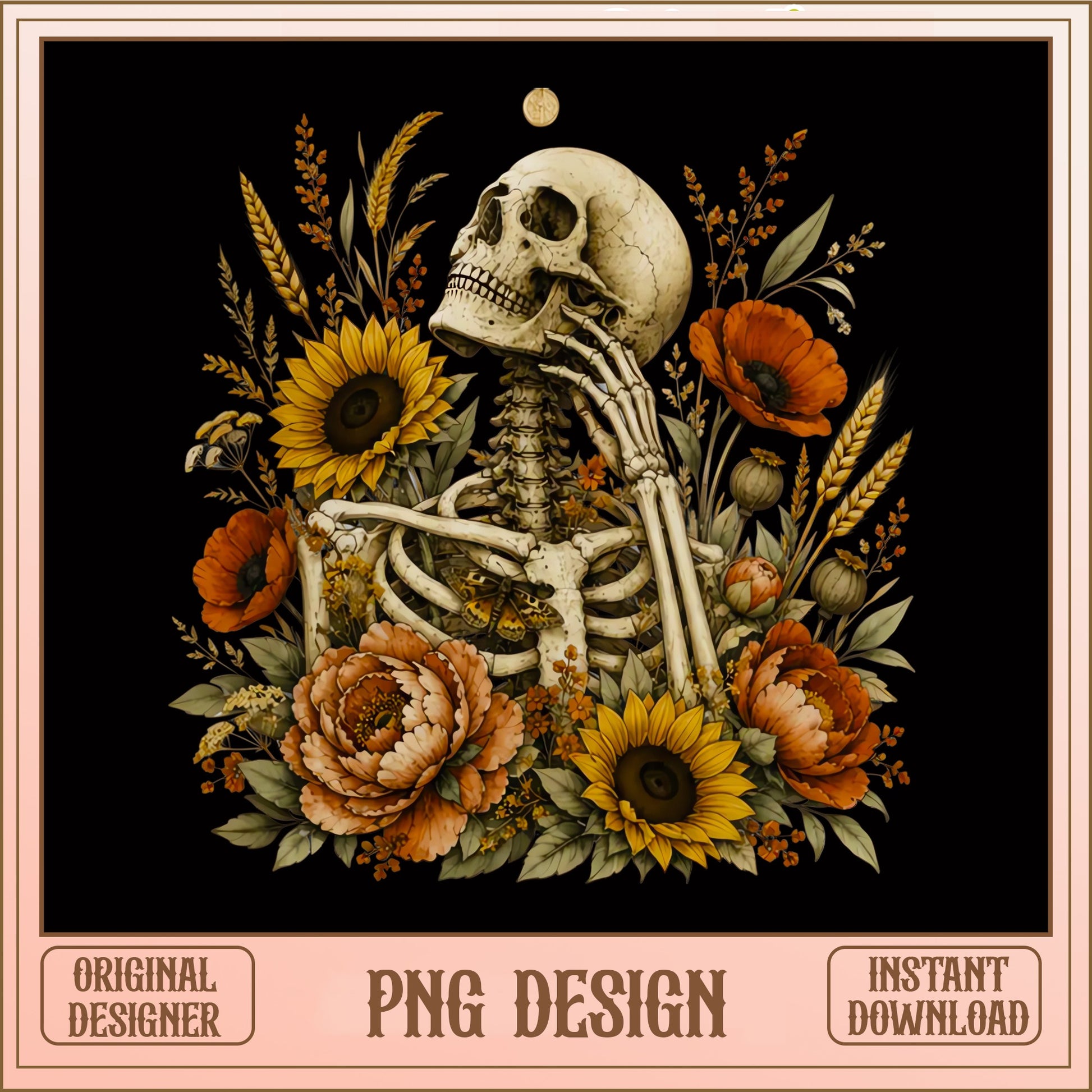 Floral Skeleton PNG, Boho Skull Sunflower Design, Halloween PNG